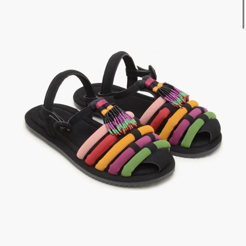 NEW Farm Rio Beaded Strappy Black Sandal Dust Bag Rubber Sole Size 8
